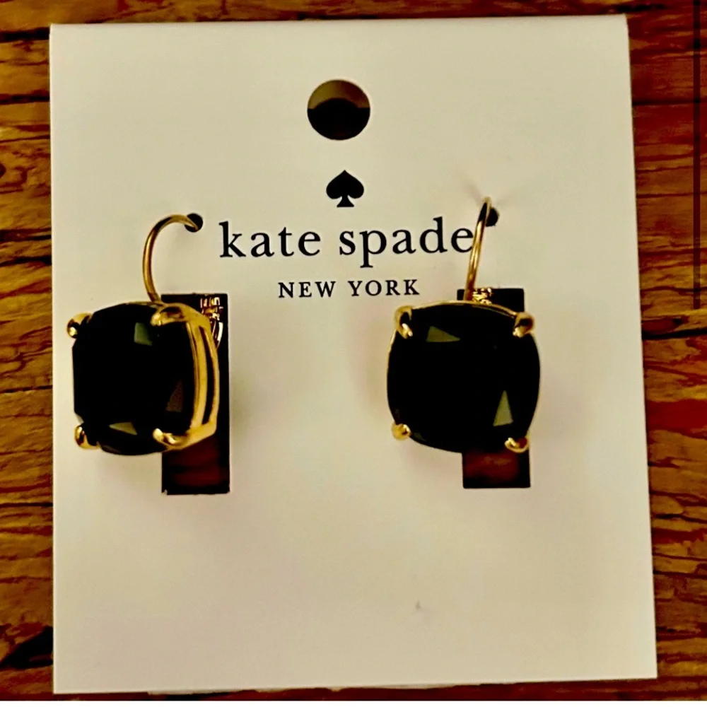 Kate Spade Black Gold Cushion Cut Level Back Earrings NWT Jet Black Gold